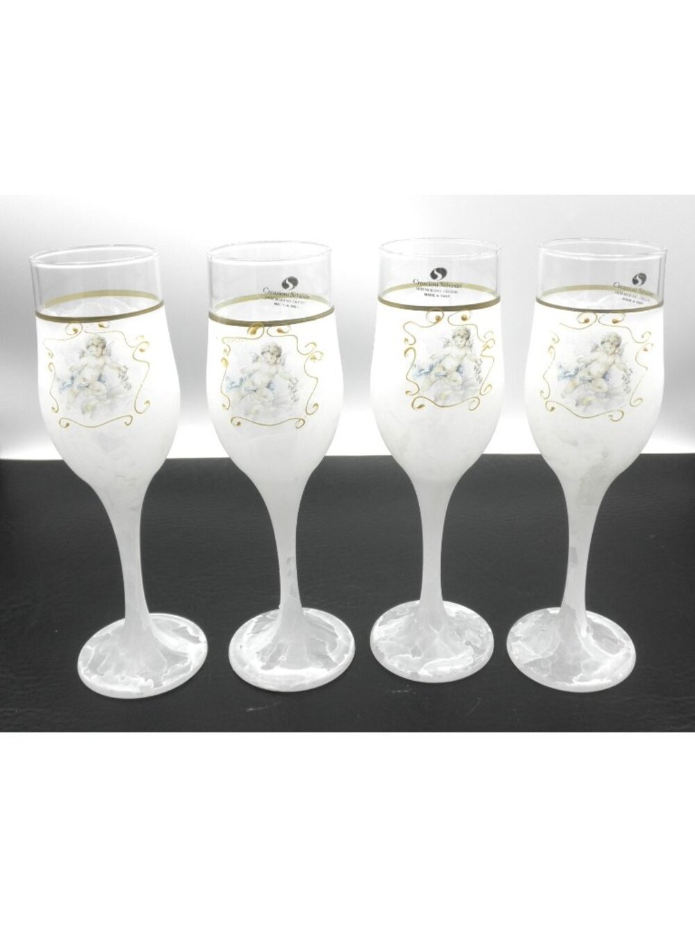 Creazioni Silvestri Arte Murano Italy Winged Justice Frosted Champagne Set of 4